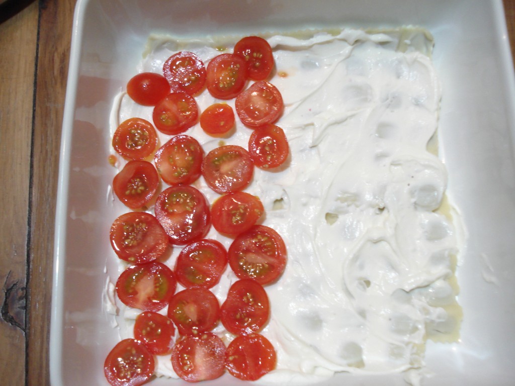 Gratin de ravioles au chèvre en cours de préparation